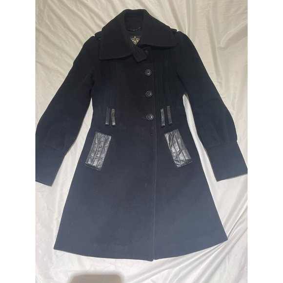 Mackage Womens Wool cashmere High Collar leather Trench Coat Black XS, no belt - Picture 2 of 16